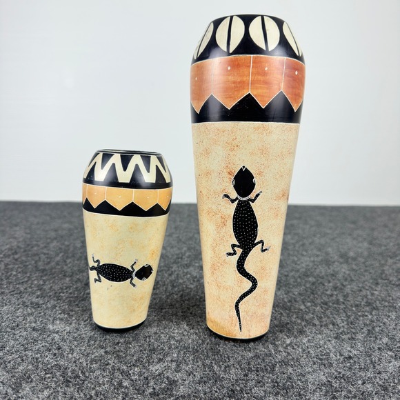 Other - Southwestern Hand Painted Gecko Ceramic Vase Set 2pc Tribal Geometric Pattern